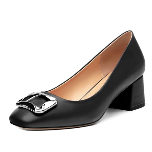Women's Slip On Square Closed Toe Metal Buckle Matte Chunky Low Heel Pumps Comfortable Office Dress Shoes 2 Inch