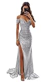 Sevintage Sequin Mermaid Prom Dresses for Women Silver Long Sparkly Bridesmaid Dress for Wedding Slit Off Shoulder Tight Ruched Formal Evening Party Gown Size 0
