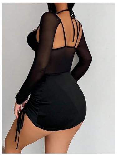 OYOANGLE Women's Two Piece Outfits Long Sleeve Cut Out Halter Mesh Bodysuits with Bodycon Mini Skirt3