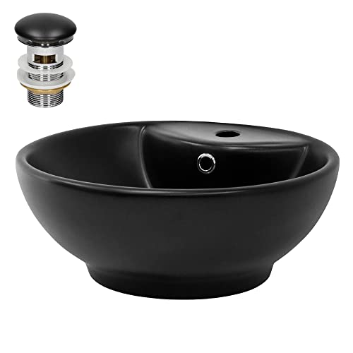ML-Design Lavabo en Céramique Noir Mat Ø 45,5x18,5 cm avec Garniture de Vidage 1 1/4" Universelle et Trop-Plein, Design Ronde, Vasque à Poser Moderne, Évier Lave-Mains pour Salle de Bain et Toilettes Cover