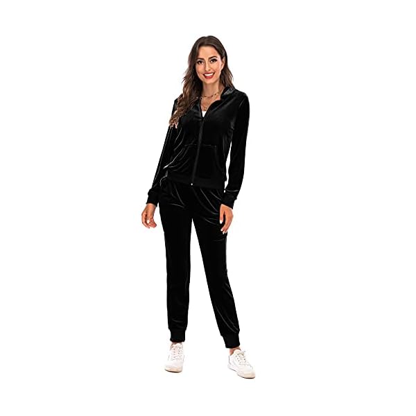 Womens 2 Piece Sportswear Long Sleeve Full-Zip Jacket Cozy Jogger Pants Velour Activewear Black L
