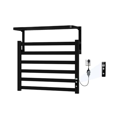 Wall Mounted Towel Warmer Rack with Timer and Temperature Control, Electric Towel Heater for Bathroom with LED Indicator and Overheat Protection ，6 Bars Towel Warmer with Top Shelf Cover
