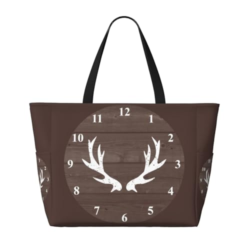 Vintage Rustic Hunting Deer Antler Wood Large Capacity Beach Travel Bag – Lightweight Foldable Waterproof & Sandproof Tote With Multiple Pockets,Beach Vacation Essentials2