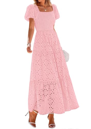 Image of PRETTYGARDEN Summer Dresses for Women 2026 Eyelet Square Neck Puff Sleeve Smocked Wedding Guest Maxi Dress with Pockets