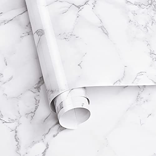 Image of Caltero White /Grey Marble Wallpaper, 24x197 Glossy PVC, Self-Adhesive Contact Paper for Kitchen Cabinets, Bathroom, Waterproof, Removable, Wide Usage, 32 sq.ft