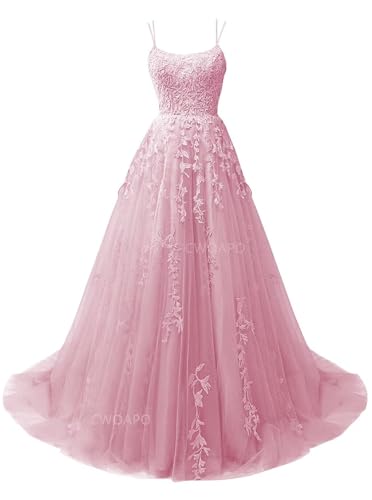 CWOAPO Blush Pink Tulle Prom Dresses for Women 2025 Spaghetti Straps Long Lace Appliques Ball Gowns...