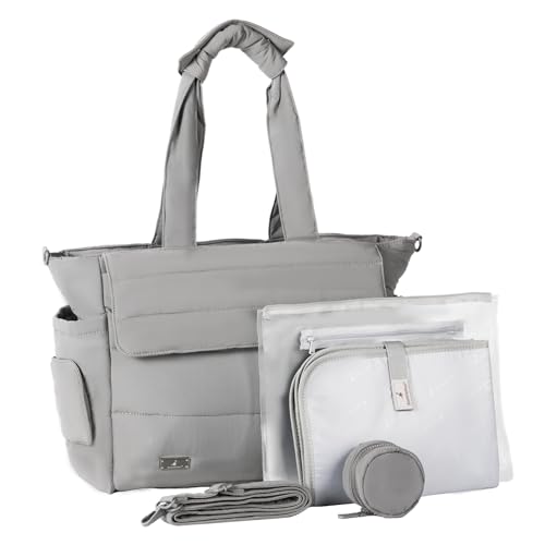BabbleRoo Flo Tote Diaper Bag, 14-Pocket Cloud-Soft Puffer Newborn Bag for Parents, 14-Inch Laptop Sleeve, 3 Insulated Bottle Slots, Wet Pouch, Luggage Strap, Changing mat, Hidden Pocket, Gray