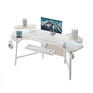 EUREKA ERGONOMIC 72″ Computer Desk W Keyboard Tray, Wing-Shaped Music Studio Desk, Large Gaming Desk W LED Convertible Monitor Stand Dual Headphone Hanger for Recording Live Streamer,Maple