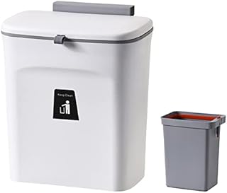 Kitchen Compost Bin with Lid 9 Liter Hanging Small Trash Bin for Cupboard or Under Sink, Plastic Wall Mounted Garbage Can Wastebasket with Inner Barrel for Cabinet Door (White)