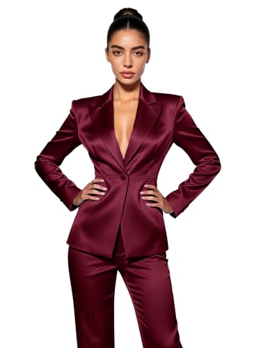 Luxury Womens Satin Blazer Pant 2 Piece Elegant Slim Fit Peak Lapel Formal Suit Set Wedding Evening Party Wine Red L
