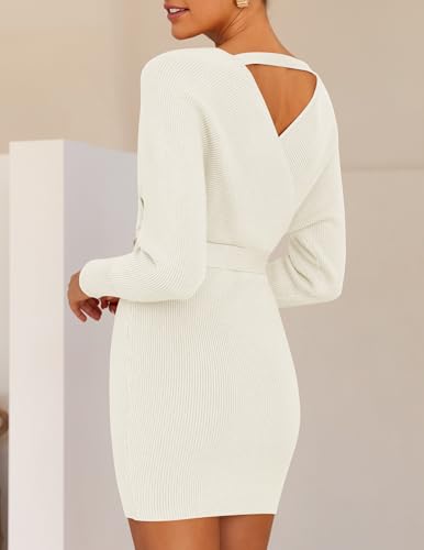 ZESICA Women's Fall Long Batwing Sleeve Wrap V Neck Knitted Backless Bodycon Pullover Sweater Dress with Belt3