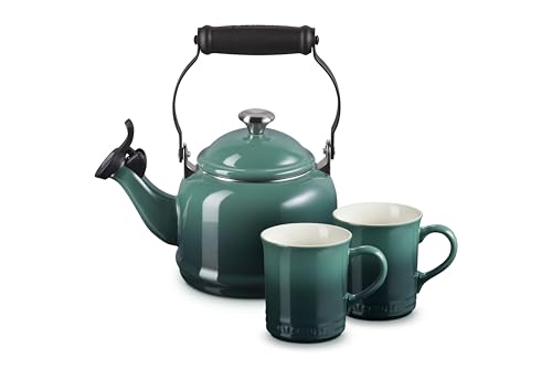 Le Creuset Enamel On Steel Demi Kettle with Metal Finishes & Stoneware Set of 2 Mugs, 1.25 qt. Kettle & (2) 14 oz. Mugs, Artichaut