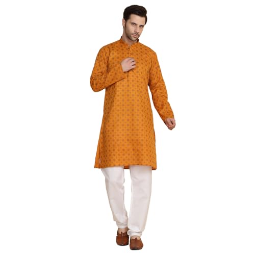 Image of KRAFT INDIA Men's Cotton Blend Geometric Printed Straight Long Regular Kurta and Elastic Waistband Pyjama Set