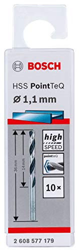 Bosch Accessories 2608577179 HSS PointTeQ (1,1 x 14 x 36 mm) - Set da 10 Pezzi di Punte Elicoidali per Trapano per Metallo, Acciaio, Fusione o Plastica, Grigio (Argento), Ø 1.1 mm