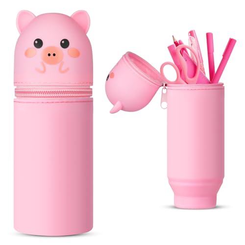Vicloon Pencil Case, Pig Pencil Case in Soft Silicone, 2 in 1 Silicone Pouches Big Capacity Pencil Case and Desk Pen Holder