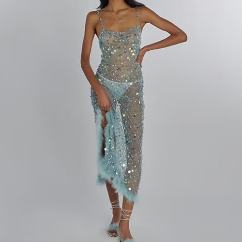Muineobuka Women Sequin Sheer Mesh Cover Up Dresses See Through Rhinestone Glitter Beach Dresses Bikini Swim Coverups3