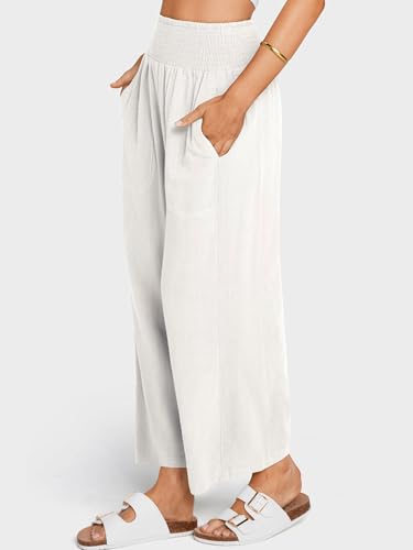 CHARTOU Women's Smocked High Waisted Palazzo Pants Baggy Cropped Wide Leg Casual Work Trousers with Pockets2