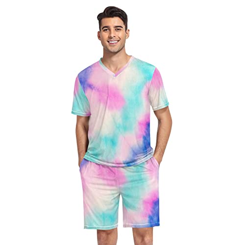 Aflyko Men's Summer Pajama Set Summer Short Sleeve V-Neck Tops Soft Pjs S-2XL