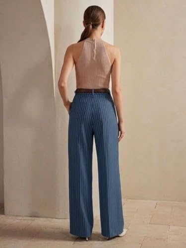 Image of KOTTY Women's Tailored Wide Leg Pinstripe Pants - High Waisted Straight Fit Work Trousers with Pockets, Elegant Office & Business Casual Wear