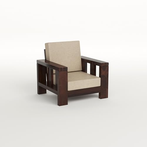 Image of Solid Sheesham Wood Single Seater Sofa Chair for Living Room - Single Sofa Chair Wooden Sofa Single Seater with Comfortable Cushion Seating (Walnut, Haney 1 Seater)