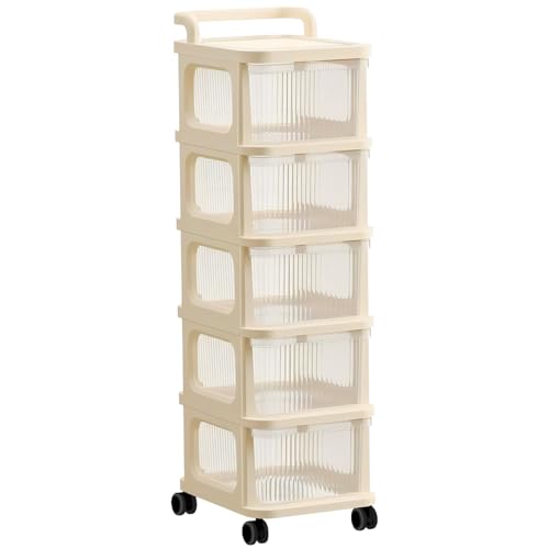 Image of VODUR Plastic Storage Drawer Cart, Medium Home Organization Storage Container with 5 Large Drawers with Removeable Wheels, White Frame with Clear Drawers and Black Casters, Set of 1