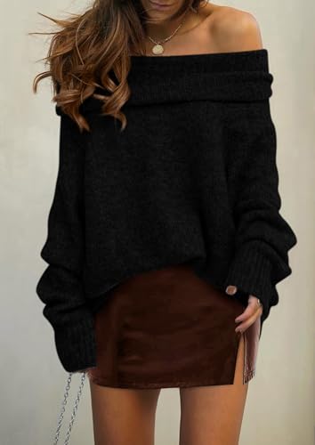 PRETTYGARDEN Women's Off The Shoulder Sweater Long Sleeve Tops 2025 Fall Loose Knit Pullover Sweaters Winter Clothes