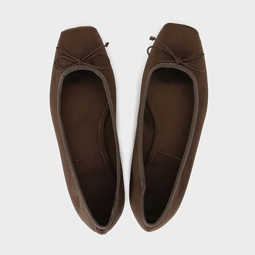 Women's Brown Velvet Ballet Flats Square Toe Bow Tie Mary Jane Flat Casual Comfortable Spring Shoes4