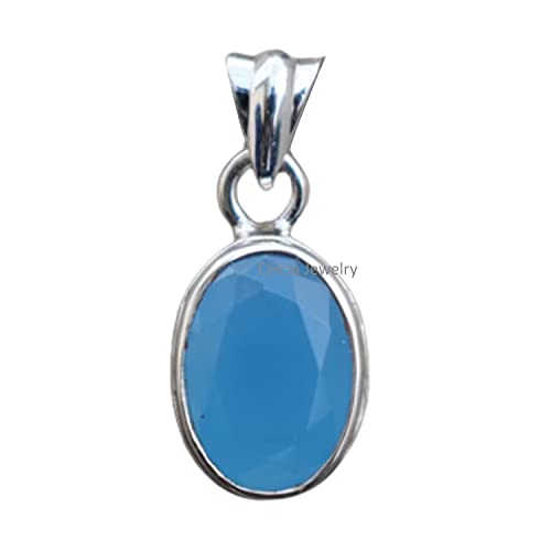 Ciondolo in argento sterling massiccio 925 per donna uomo, pietra preziosa ovale sfaccettata di calcedonio blu autentico ciondolo artigianale unico per lei lui