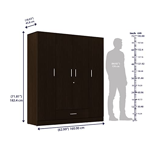 Image of Wakefit Wardrobe | 1 Year Warranty | Engineered Wood Almirah, Cupboard for Clothes Storage | 4 Door, 2 Drawers, 1 Hanging Space | Gingham - Wenge
