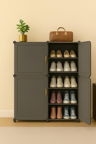 Image of Sunderlook Shoe Rack Plastic for Home- Slipper Stand, Professional Shoe Stand, Chappal Stand, Multipurpose Foldable Standing Comfort Runner Shoe Rack with Door (Grey, 12 Shelf 4 Door)