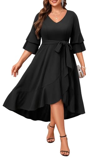 Image of Plus Size Wedding Guest Dress - Double Bell Sleeve High Low Split Dresses | Semi formal cocktail dress, V-neck double bell sleeves with belted high-low split ruffle hem.