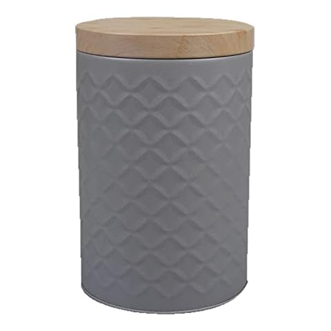 Goodhome JJA Storage Tin, Round Storage Jar, Perfect for Storing Tea, Coffee and Other Kitchen Foodstuffs, Baking Supplies, Embossed Food Storage Jars with Bamboo Effect on Lid (Grey) Cover