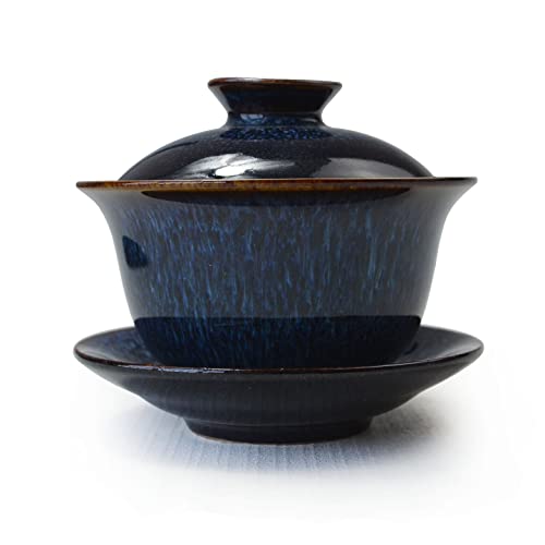 Image of Liang baobao Porcelain Gaiwan 6oz Teacup Color Glazed Cups Tureen Chinese Sancai Cover Bowl Lip Saucer Set (Blue)