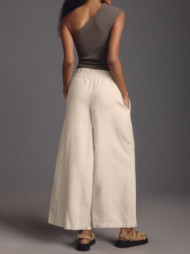 Women's High Waist Wide Leg Linen Blend Pants, Relaxed Smocked Beach Trousers with Side Pockets, Fit for Casual Wear3