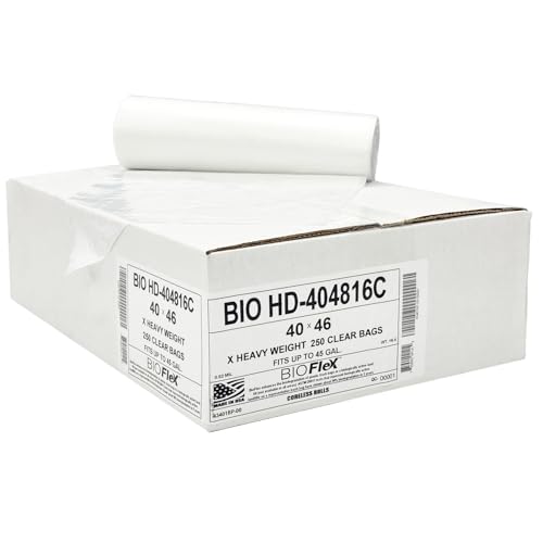 Aluf Plastics 45 Gallon Clear Trash Bags (250 Count) With BioFlex Technology - 40" x 48" - 16 Micron Equivalent High Density Garbage Bags