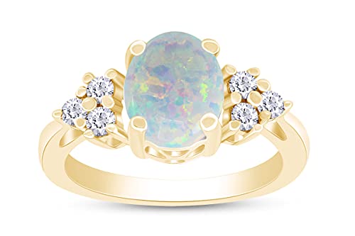 AFFY Oval Cut Synthetic Opal And Round Cut Cubic Zirconia Oval Frame Engagement Ring For Women In 14K Gold Plated 925 Sterling Silver