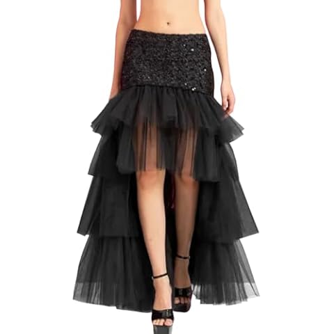 WDPL Women's High Waist High Low Mermaid Sequins Layered Party Tulle Skirt Black 4X-Large Cover