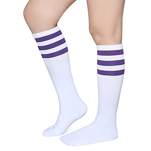 Pareberry Triple Stripes Soft Cotton Knee High Tube Socks for Men and Women One Size Z09-purple/White