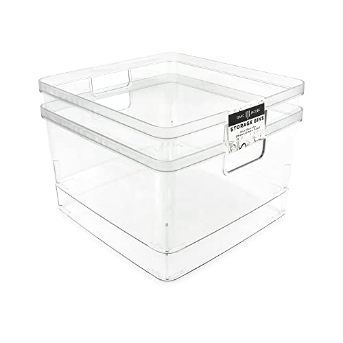 Isaac Jacobs 2-Pack Square Clear Storage Bins (10” L x 10” W x 6.1” H) | Cutout Handles, Plastic Organizer for Home, Office, Kitchen, Fridge/Freezer, Bathroom, BPA Free, Food Safe (2-Pack, Square)