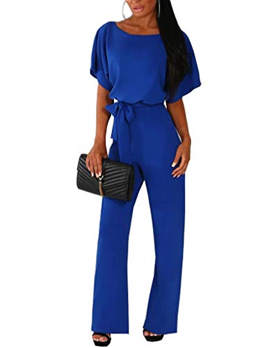 Walant Femmes Combinaison Manches Courtes Col Rond Couleur Unie Barboteuse Jumpsuit D'été Chic Élégant Slim Pantalon Loose Casual Combishort avec Ceinture, Bleu, M