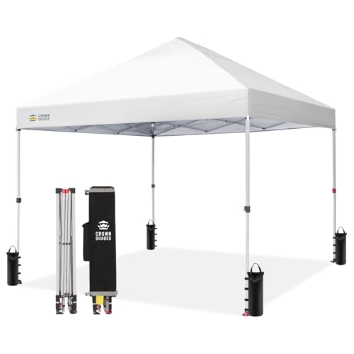CROWN SHADES 8x8 Pop Up Canopy - Beach Tent with One Push Setup - Easy Outdoor Sun Shade for Events, Parties, Camping - Gazebo with STO-N-Go Cover Bag, Silver Coated Top, White