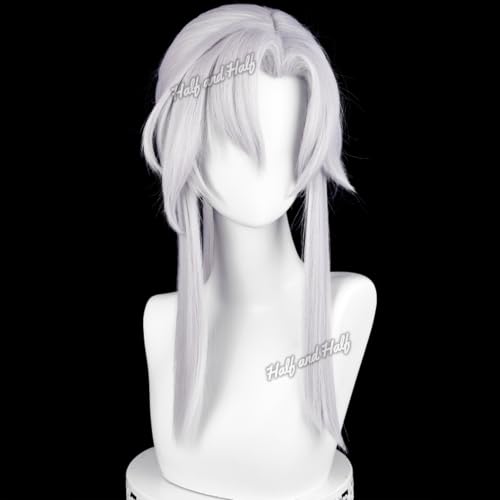 Image of Half and Half Long Silver White Anime Vam-pire Ponytail Wig with Side Part Bangs for Ferid Cospaly Light Gray White Male Wigs for Men Women Halloween Party
