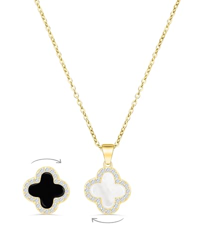 SHINYY 2 Side Crystal Clover Necklace for Women | 18K Gold Plated Four Leaf Lucky Pendant | 4 Leaf Cubic Zirconia Jewelry for Her, Dainty, 18K Gold Plated, Cubic Zirconia