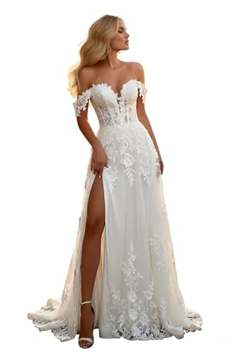 Ljeuyds Off Shoulder Long Wedding Dresses for Bride Chiffon Lace Appliques A Line Boho Beach with Train Bridal Dresses Bridal Gowns Wedding Gown for Bride with Slit White US8