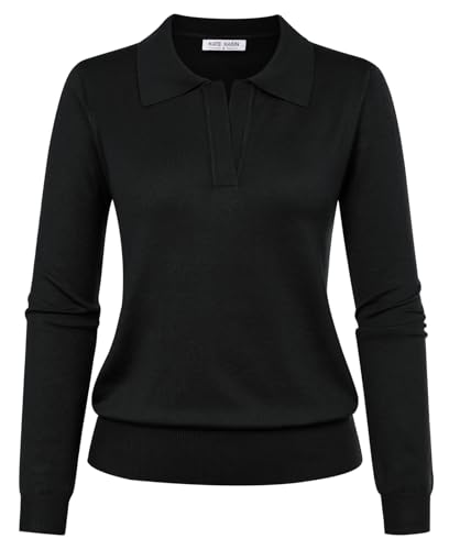 Kate Kasin Women Long Sleeve Polo Sweater V Neck Knitted Tops Casual Ribbed Shirt Loose Pullover Sweater Black L