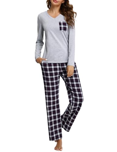 iClosam Pijama Mujer Invierno a Cuadros Pijamas Mujer Algodón Conjunto de Pijamas Mujer con Camiseta Manga Larga y Pantalones para Casa Suave y Comodo