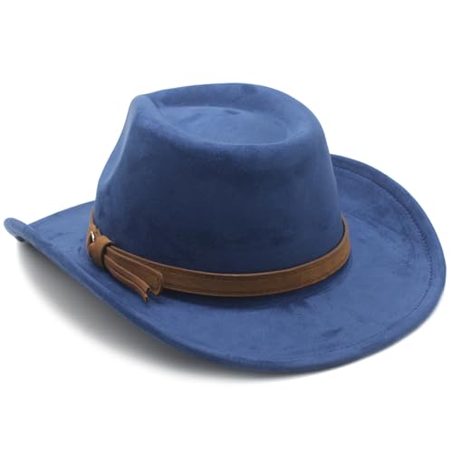Image of Unisex Western Suede Cowboy Cowgirl Hat Classic Wide Brim Fedora Hat for Men &Women