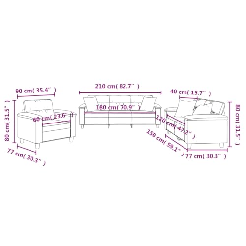 vidaXL Sofagarnitur 3-TLG., Sessel Couch mit Kissen, Sofa Wohnzimmersofa mit Armlehnen, Couchgarnitur Designsofa Sitzmöbel Polstermöbel, Hellgrau Mikrofasergewebe – Bild 4