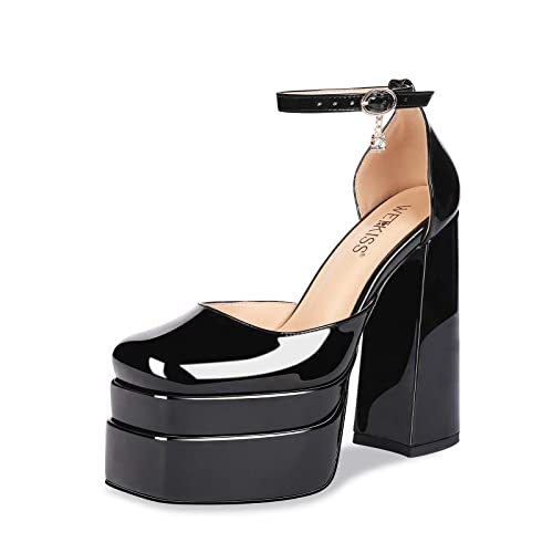 wetkiss Platform Chunky Heels Platform Chunky Pumps Black Platform Heels Ankle Strap Heels Chunky Platform Heels Ankle Strap Pumps for Women Black Chunky Heels Block Heel Sandals