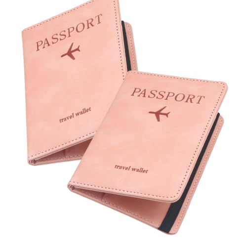 Image of PU Leather Passport Holder Travel Wallet Organiser for Men & Women | 4 Card Slots 2 SIM Slots Money Case | Travel Document Case Cover Passport Pouch Slim Unisex Gift - (Pack of 2) Pink